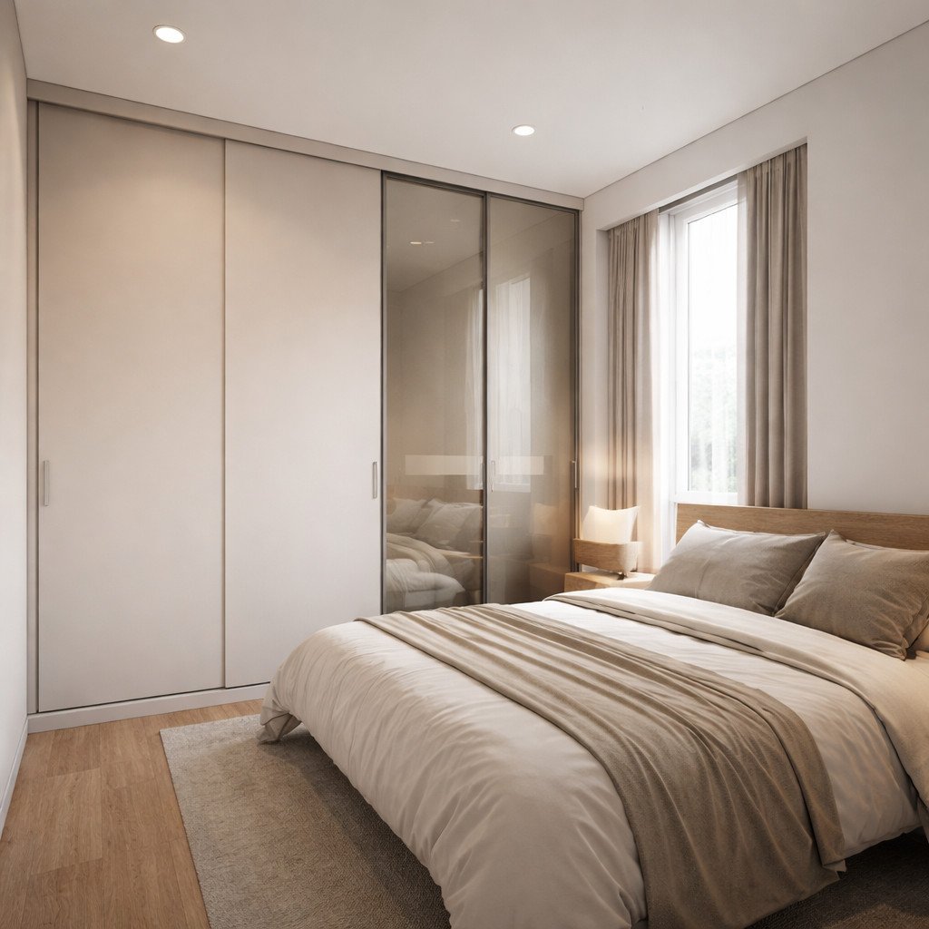 Lemari sliding minimalis modern yang rapi dan hemat ruang