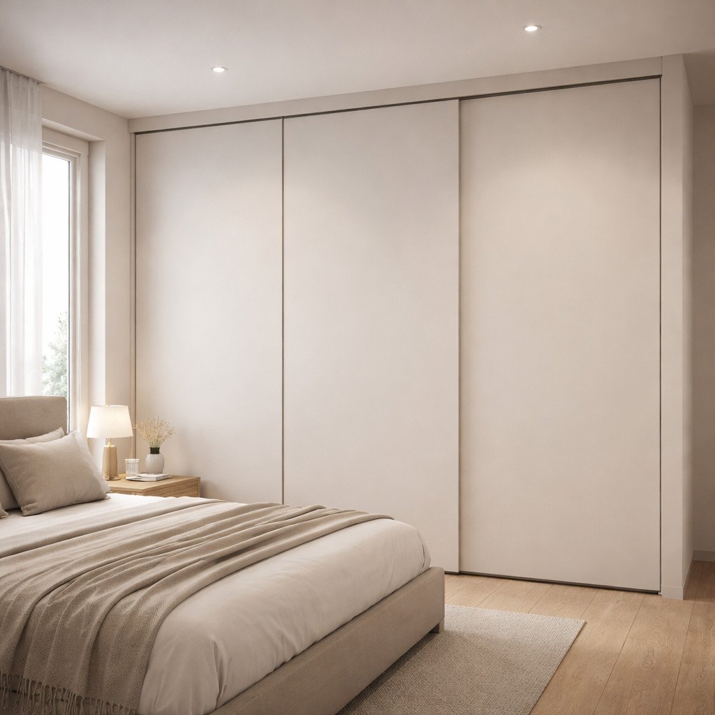 Lemari sliding panel matte yang menyatu rapi dengan dinding kamar