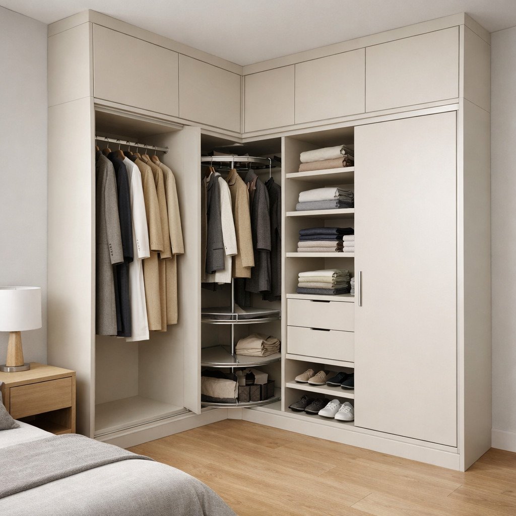 Lemari sudut L-shape minimalis yang rapi dan fungsional untuk kamar kecil