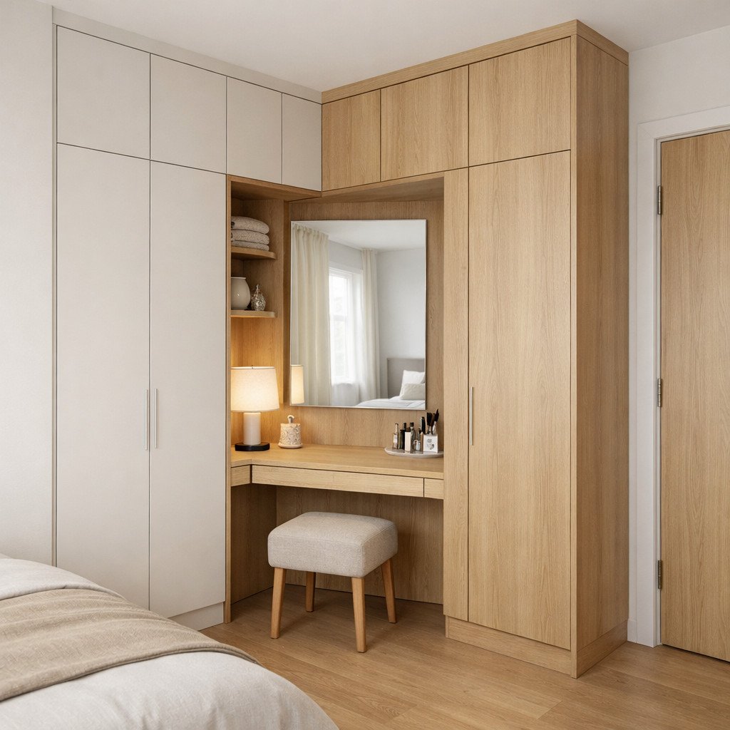 Lemari sudut dengan meja rias yang menyatu dan hemat ruang