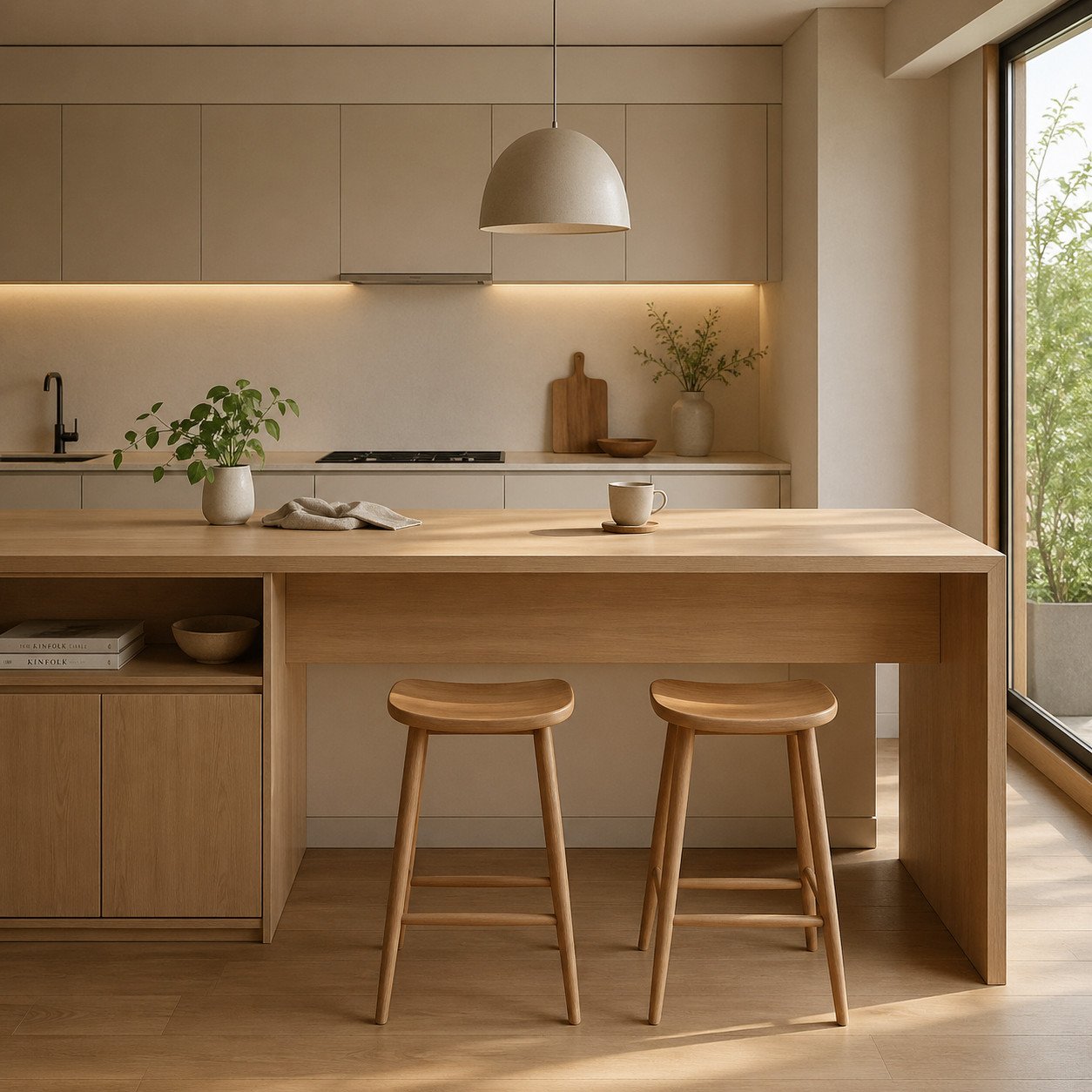 Meja bar dapur gaya Japandi menghadirkan suasana hangat dan tenang dengan dominasi kayu natural dan desain sederhana—cocok untuk kamu yang ingin dapur minimalis terasa lebih nyaman dan estetik