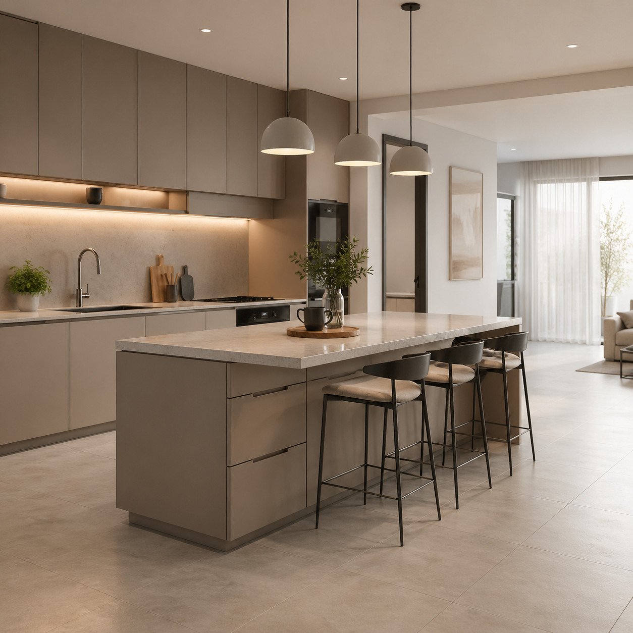 Meja bar island minimalis menghadirkan kesan dapur modern yang premium, dengan fungsi ganda sebagai area persiapan sekaligus tempat santai yang nyaman dan elegan