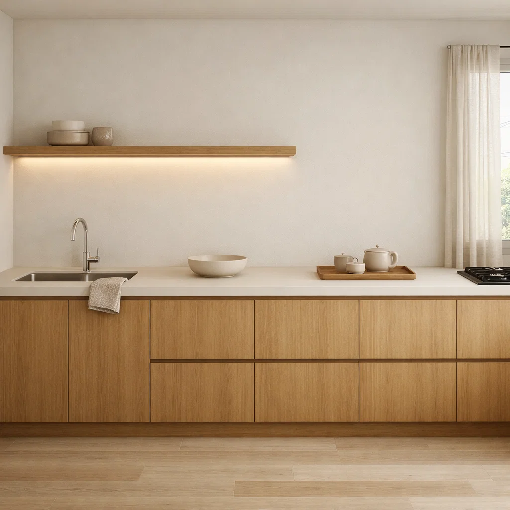 Meja dapur bergaya Japandi ini menghadirkan suasana hangat dan tenang melalui kombinasi warna kayu natural dan finishing matte, menciptakan ruang yang simpel namun tetap elegan dan nyaman digunakan sehari-hari