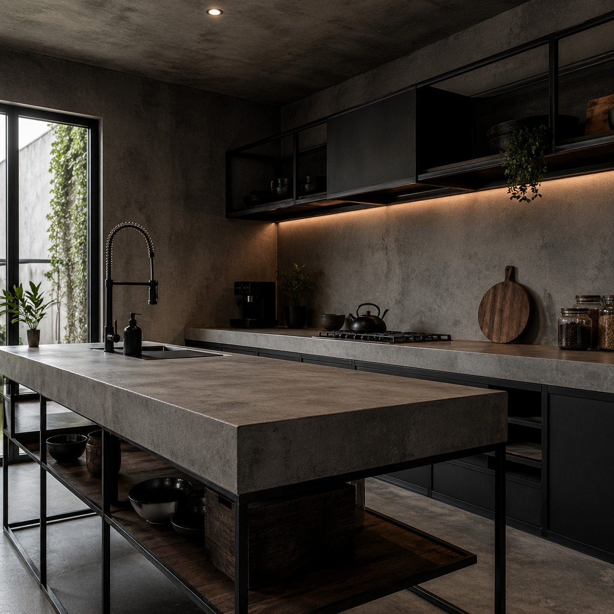 Meja dapur concrete finish dengan tampilan semen ekspos memberikan kesan industrial yang tegas dan maskulin, sekaligus tetap fungsional dengan coating pelindung agar tahan noda dan mudah dirawat
