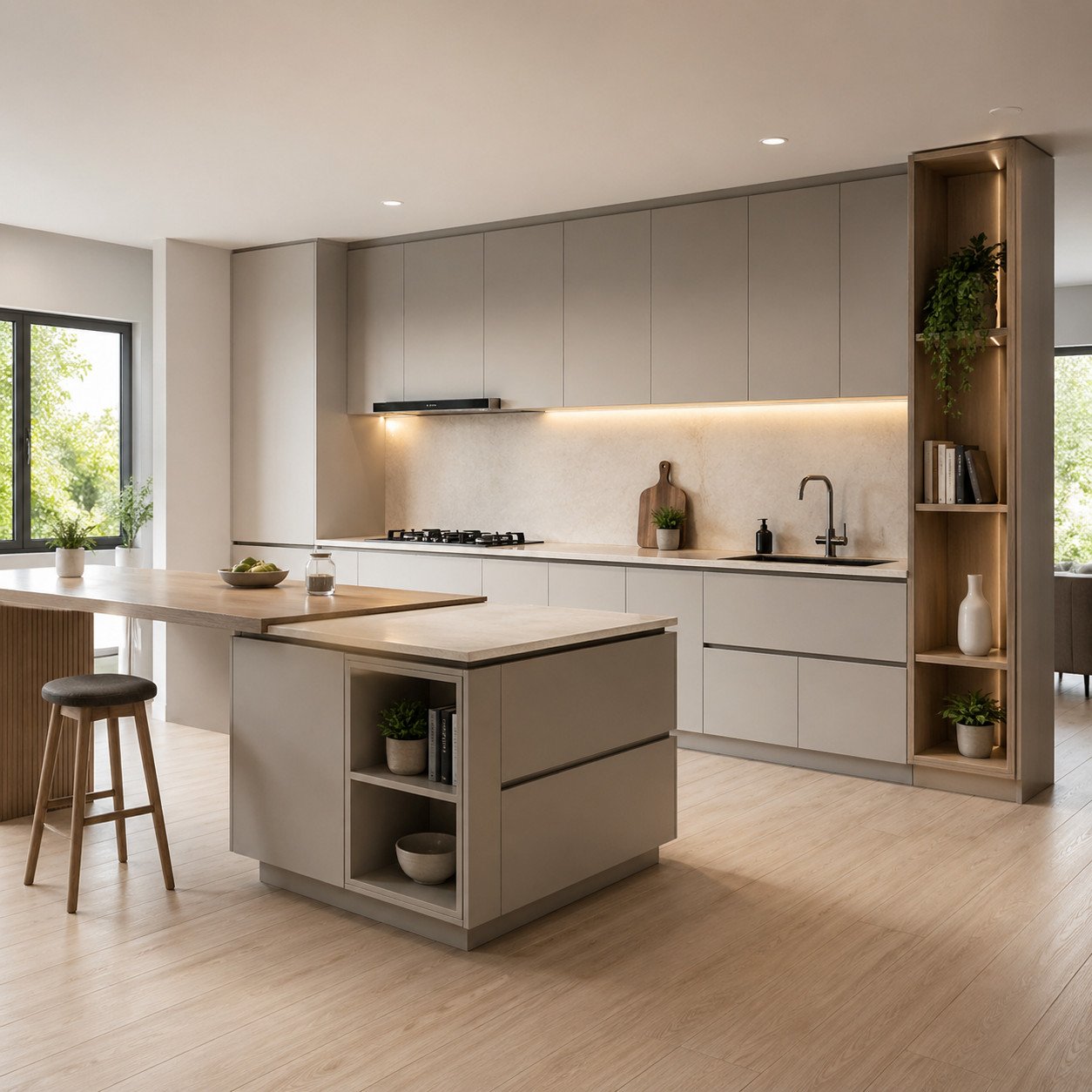 Meja dapur dengan mini island ini menghadirkan fungsi ekstra tanpa memakan banyak ruang—ideal untuk dapur modern yang ingin tetap praktis, rapi, dan nyaman digunakan sehari-hari