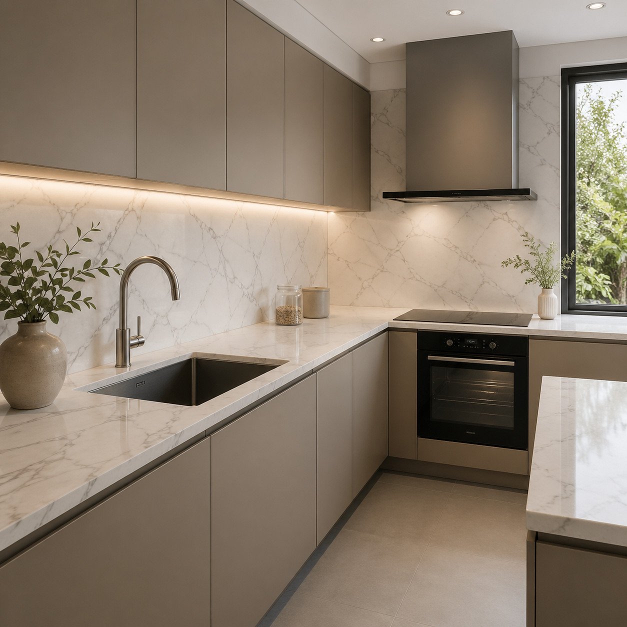 Meja dapur dengan motif marble menghadirkan kesan elegan dan modern tanpa biaya tinggi—tampilan mewah yang tetap praktis untuk penggunaan sehari-hari