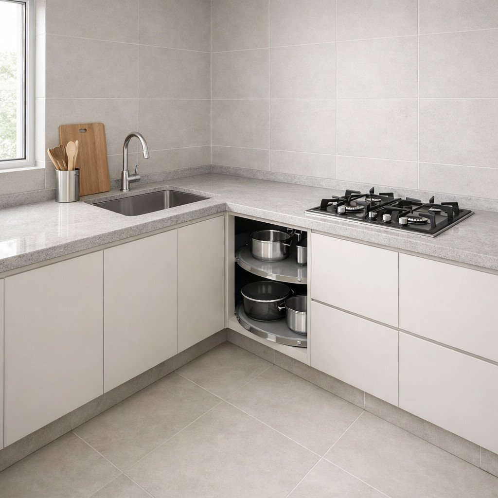 Meja dapur granit bentuk L ini dirancang untuk memaksimalkan sudut ruang, memberikan area kerja lebih luas dengan alur masak yang efisien dan tetap tampil modern minimalis