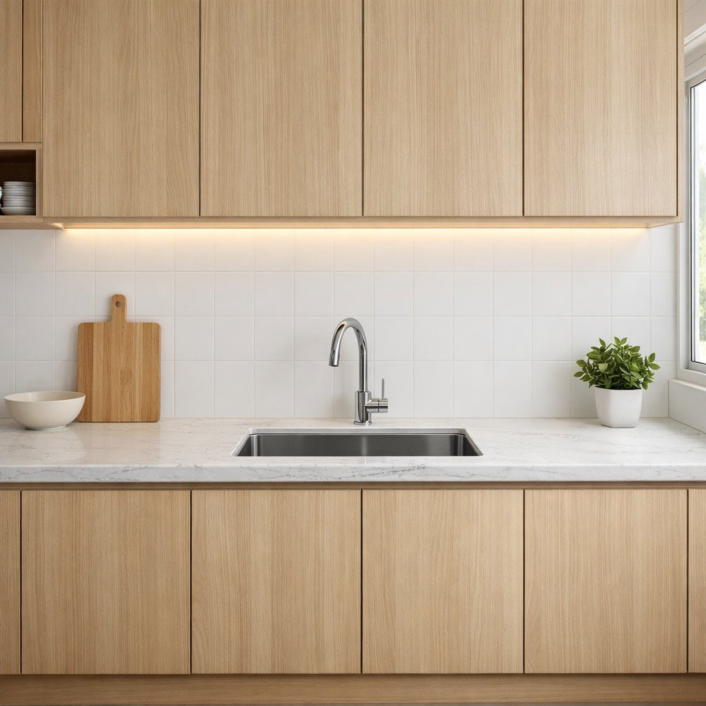 Meja dapur granit putih dengan corak natural ini menghadirkan kesan bersih, terang, dan elegan, dipadukan dengan kabinet kayu untuk menciptakan suasana dapur minimalis yang hangat dan terasa lebih luas