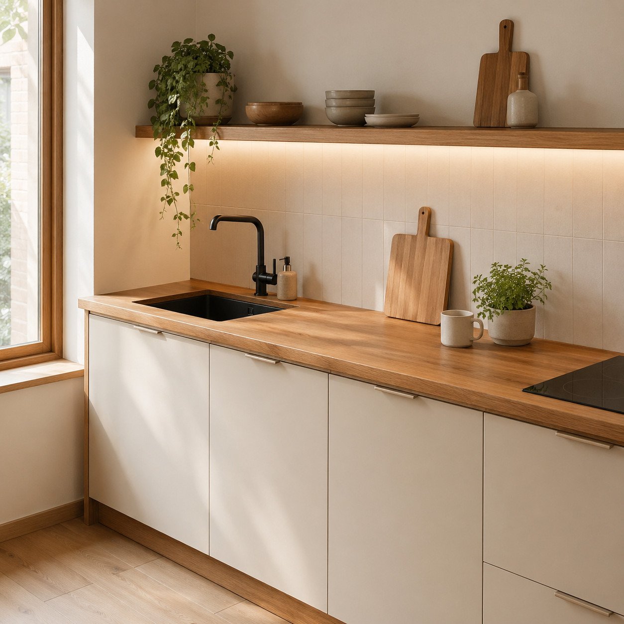 Meja dapur kayu natural menghadirkan suasana hangat dan homey, cocok untuk dapur minimalis yang ingin terasa lebih hidup tanpa kehilangan kesan modern