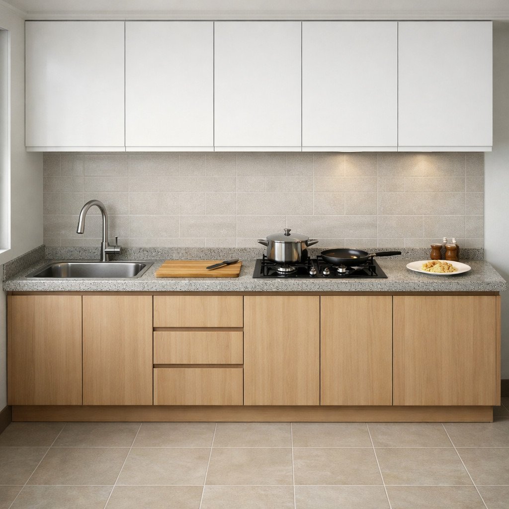 Meja dapur minimalis 240 cm dengan zona kerja lengkap dan rapi