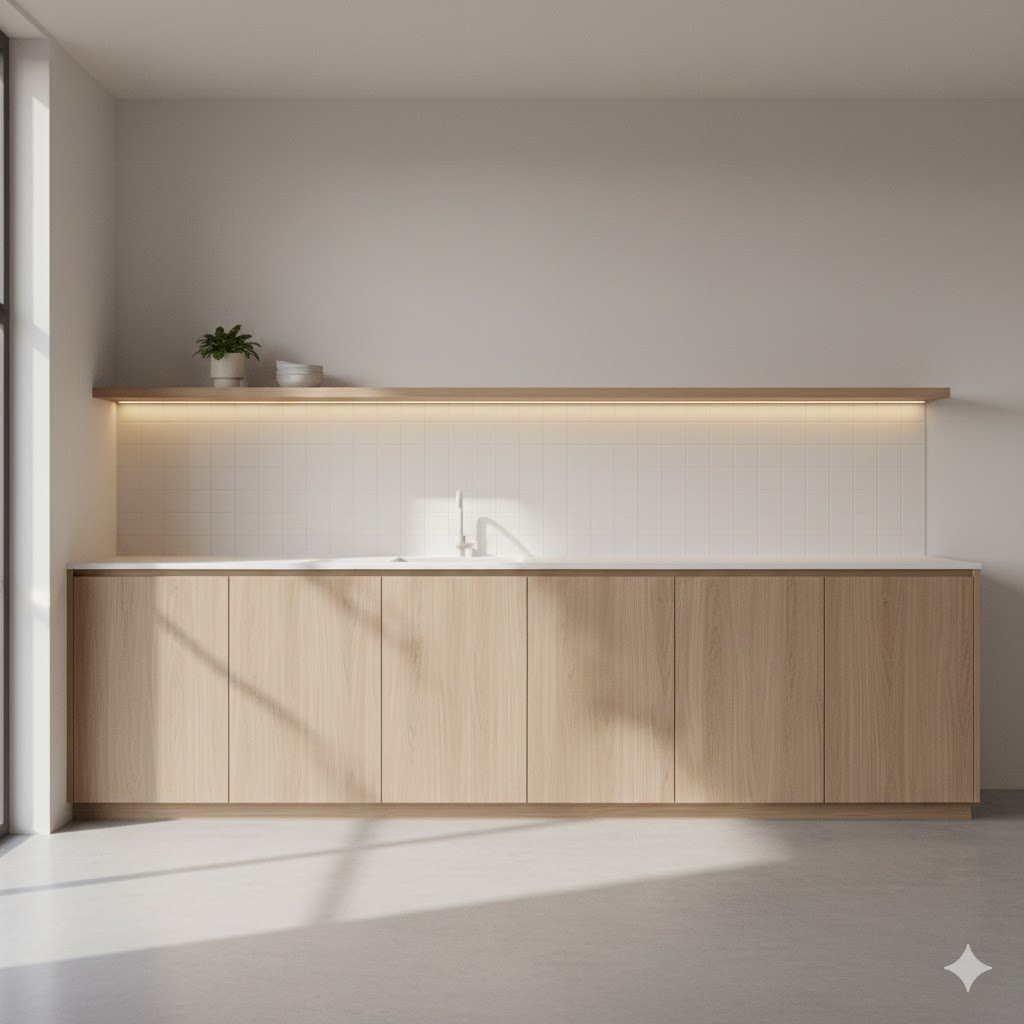 Meja dapur minimalis dengan top solid surface putih dan kabinet kayu terang yang memberi kesan bersih, modern, dan fungsional untuk dapur masa kini