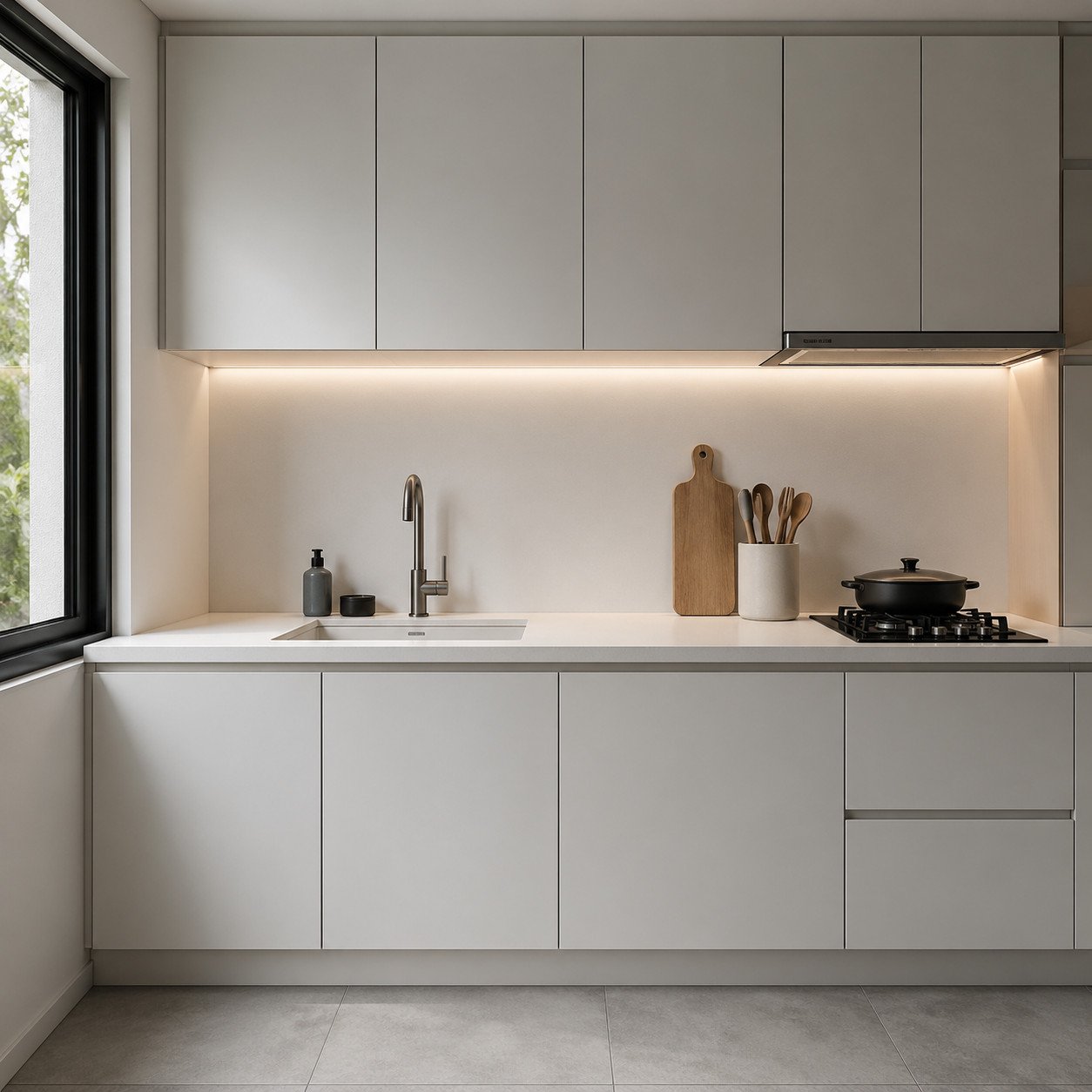 Meja dapur solid surface putih matte dengan desain seamless ini menghadirkan tampilan bersih, modern, dan elegan—pilihan tepat untuk dapur minimalis yang ingin terlihat rapi dan terasa lebih luas
