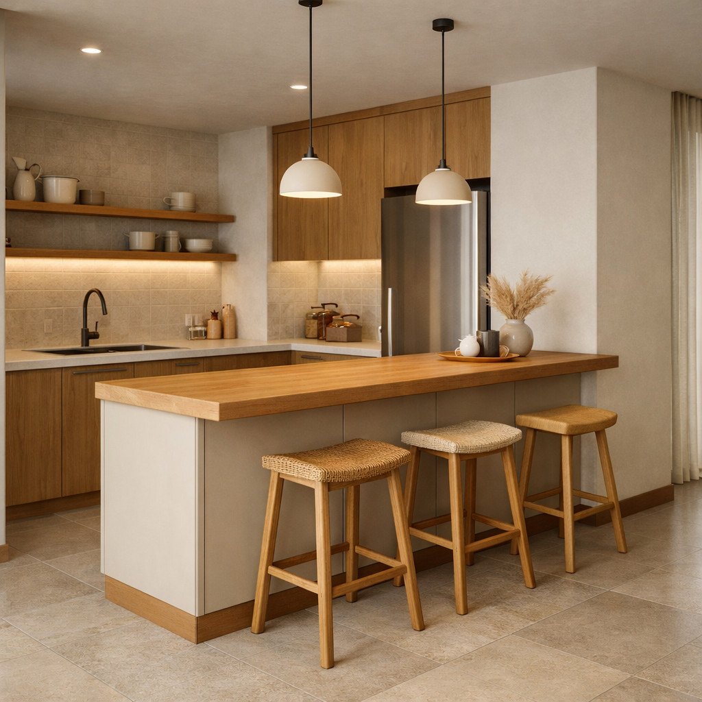 Mini bar dapur Japandi hangat dengan nuansa kayu natural yang tenang