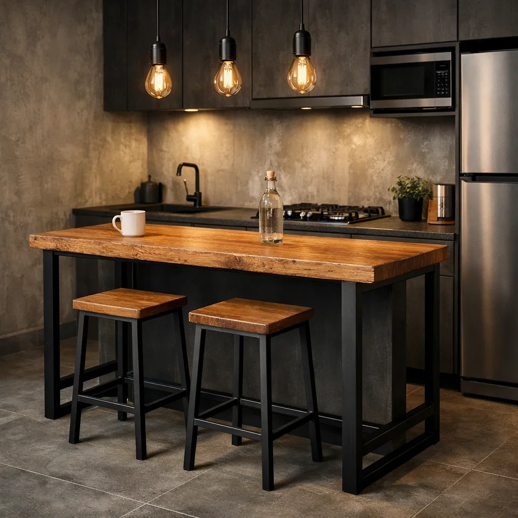 Mini bar dapur bergaya industrial ini menonjolkan karakter tegas melalui kombinasi kayu natural dan rangka besi hitam matte—tampilan simpel, jujur, dan penuh estetika maskulin
