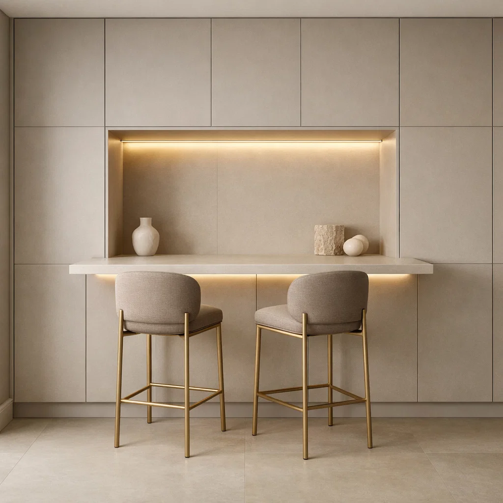 Mini bar dapur dengan konsep quiet luxury menghadirkan kesan elegan tanpa berlebihan—menyatu dengan panel dinding, detail presisi, dan pencahayaan hangat yang menciptakan suasana eksklusif dan tenang