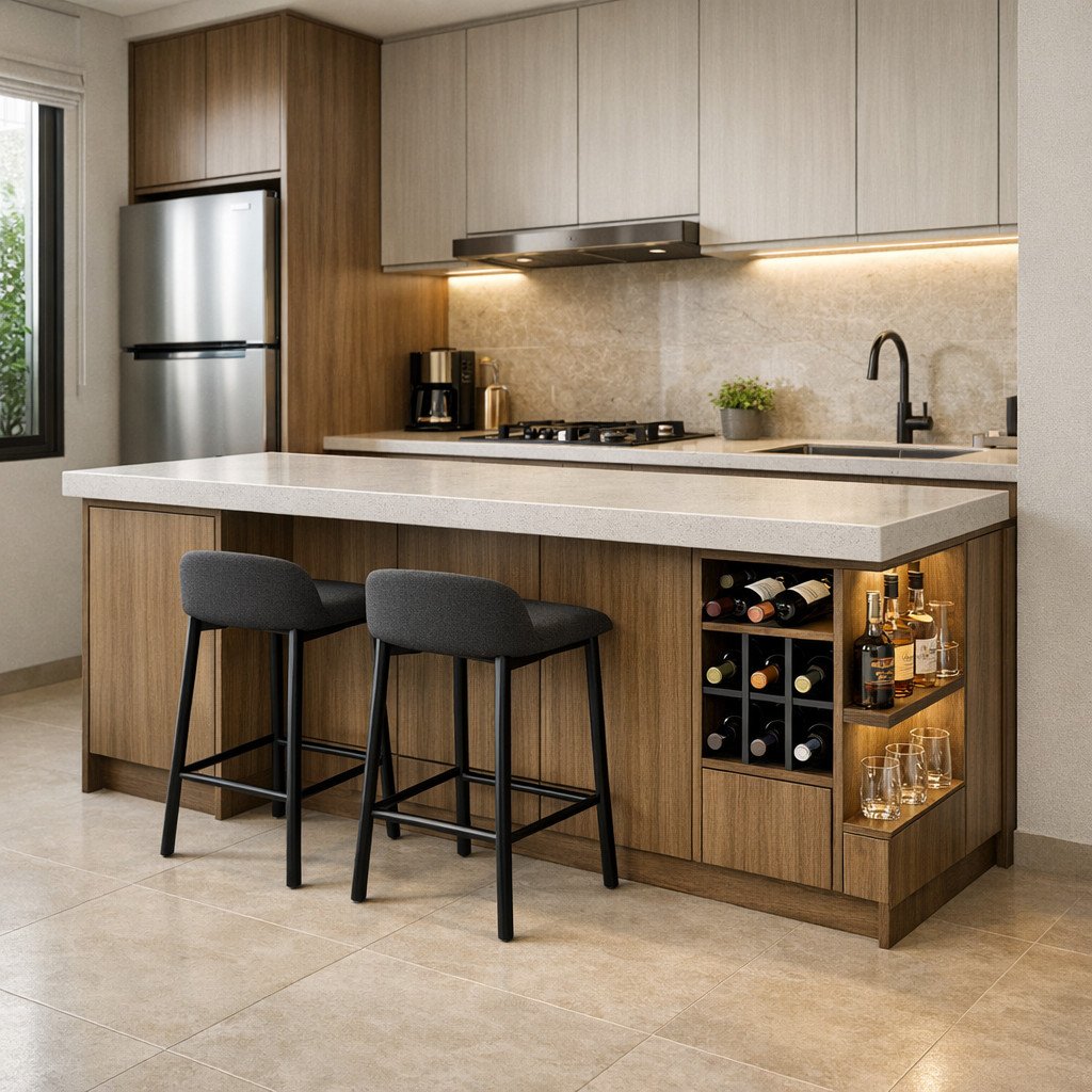 Mini bar dapur dengan storage tersembunyi yang rapi dan fungsional