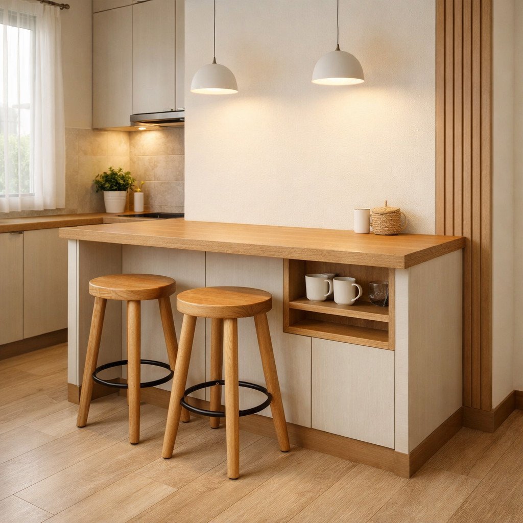 Mini bar dapur kecil Japandi yang hangat dan efisien