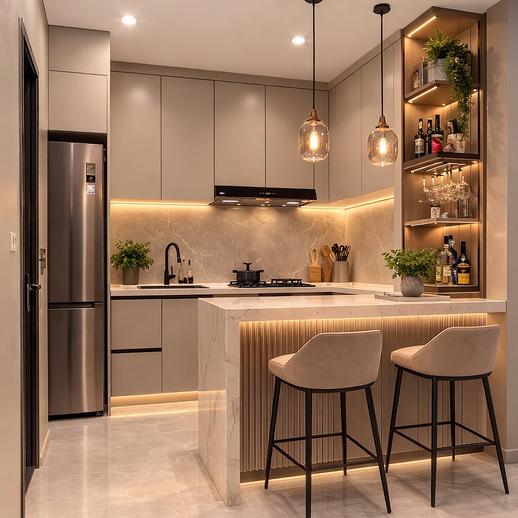 Mini bar dapur kecil bergaya quiet luxury yang elegan dan rapi