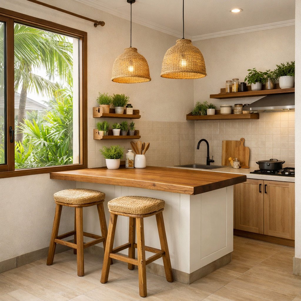 Mini bar dapur kecil bernuansa tropis yang terasa segar dan santai