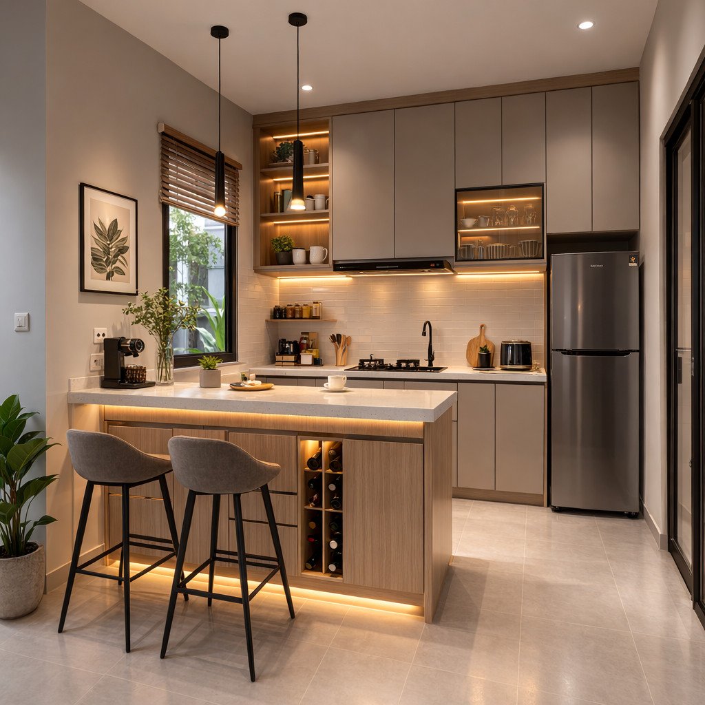 Mini bar dapur kecil dengan storage multifungsi yang tetap rapi