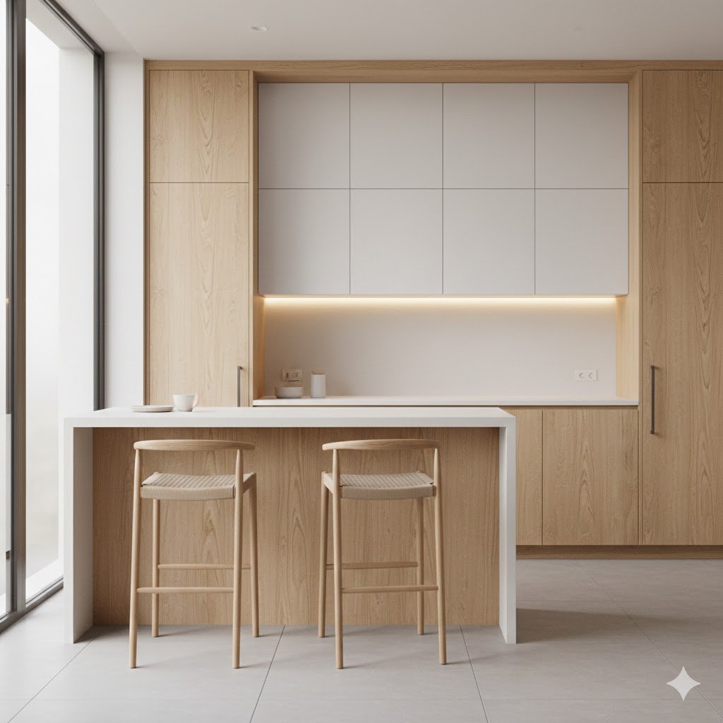 Mini bar dapur minimalis dengan kabinet kayu terang dan countertop solid surface yang menyatu rapi dalam tata ruang modern dan fungsional