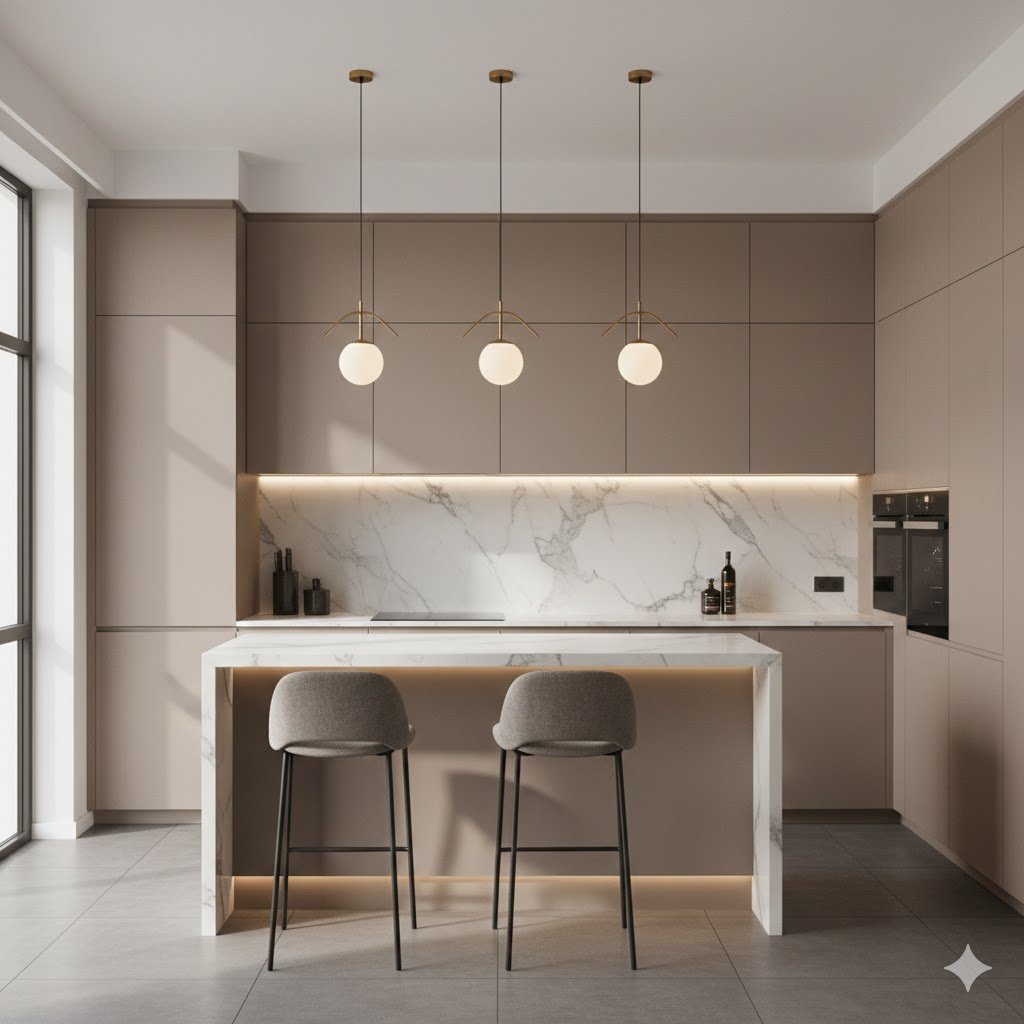 Mini bar dapur minimalis modern mewah dengan top marble elegan dan pencahayaan hangat yang menyatu harmonis dengan kitchen set modern