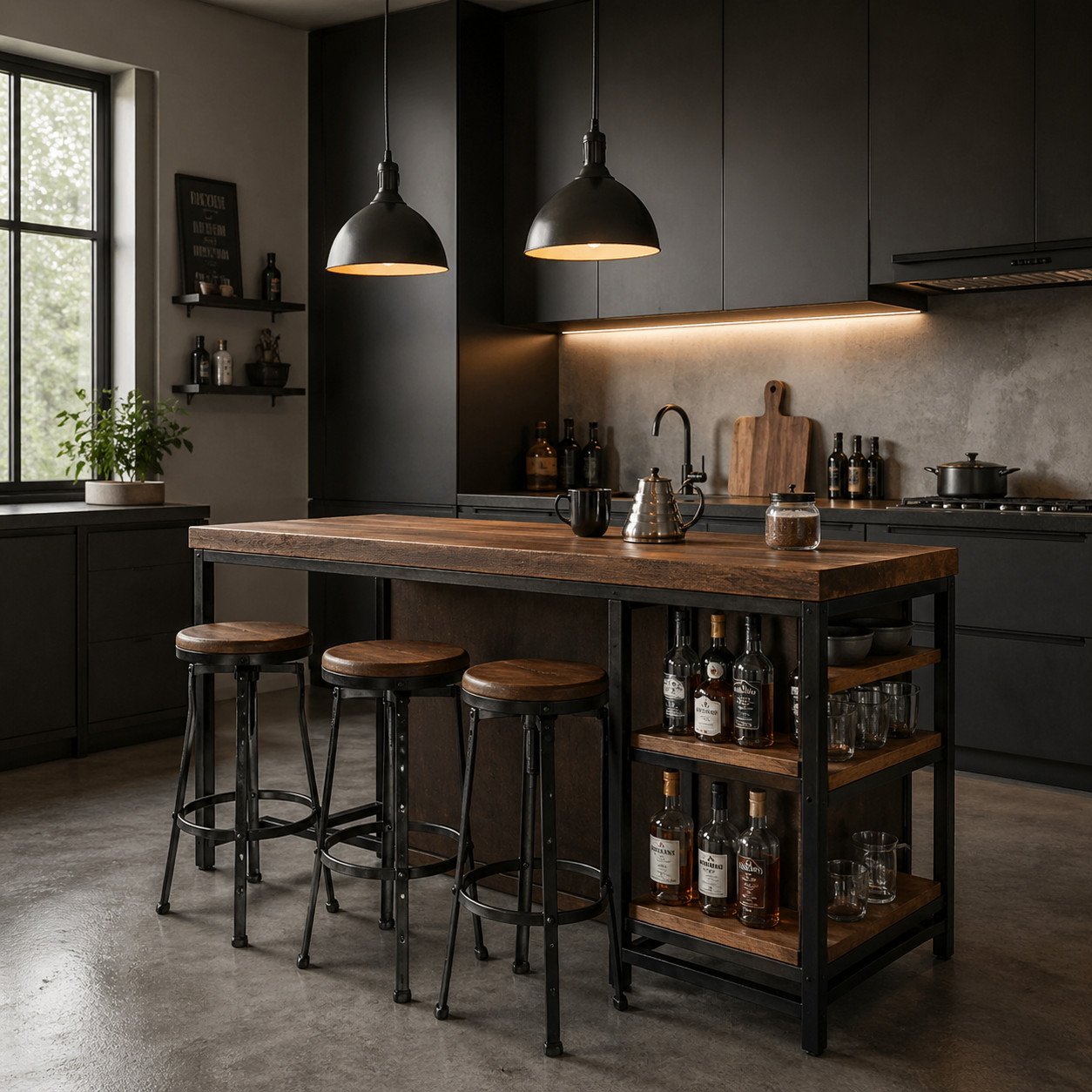Mini bar industrial dengan rangka besi dan top kayu menghadirkan kesan maskulin yang kuat, tahan lama, dan tetap estetik dengan karakter material yang jujur dan apa adanya