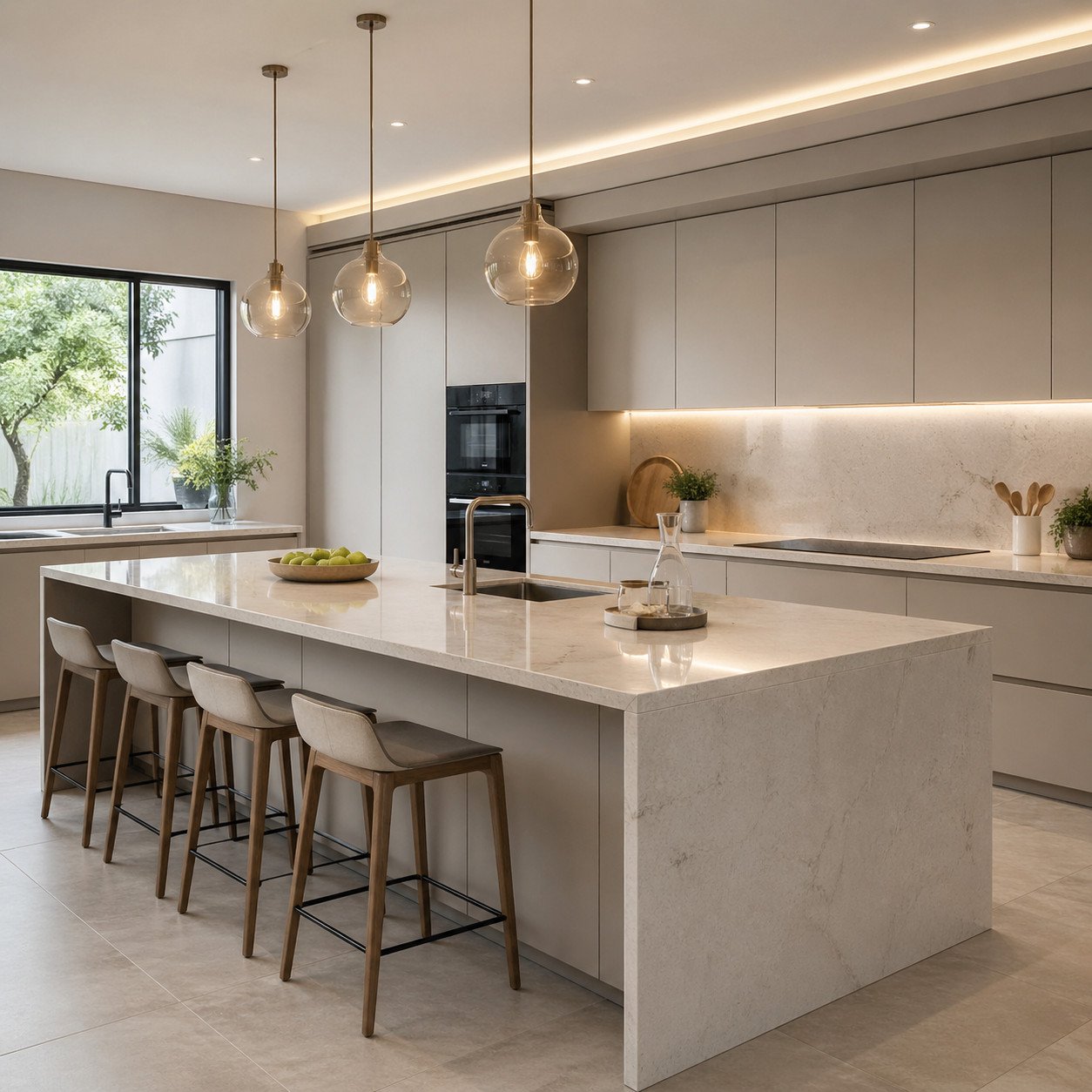 Mini bar island di tengah dapur menjadi pusat aktivitas sekaligus focal point yang memperkuat kesan modern, premium, dan fungsional dalam satu desain