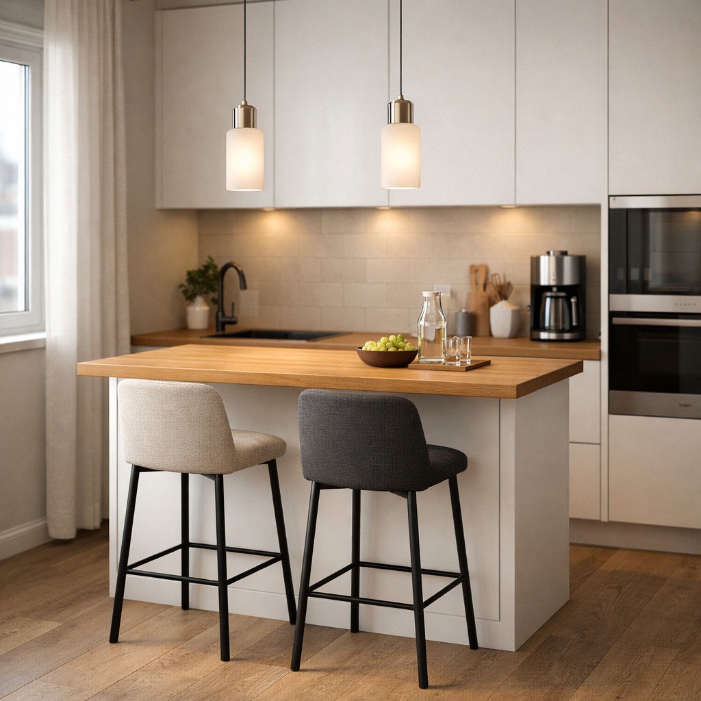 Mini bar minimalis di dapur kecil dengan meja kayu hangat dan dua kursi bar yang menciptakan area sarapan sederhana namun elegan