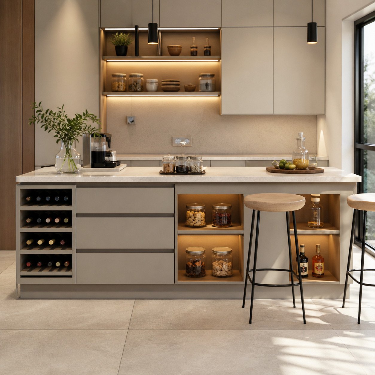 Mini bar multifungsi dengan storage tersembunyi ini memaksimalkan ruang dapur kecil—menggabungkan area duduk dan penyimpanan dalam satu desain yang rapi dan modern