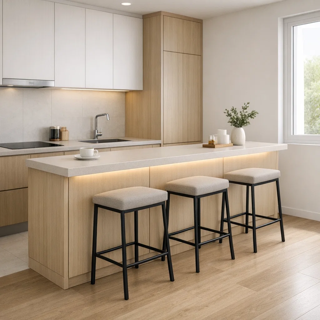 Mini bar ukuran 150 x 45 cm ini jadi pilihan ideal untuk dapur minimalis—cukup lega untuk 2–3 orang tanpa mengganggu sirkulasi ruang, sekaligus tetap fungsional dan estetis
