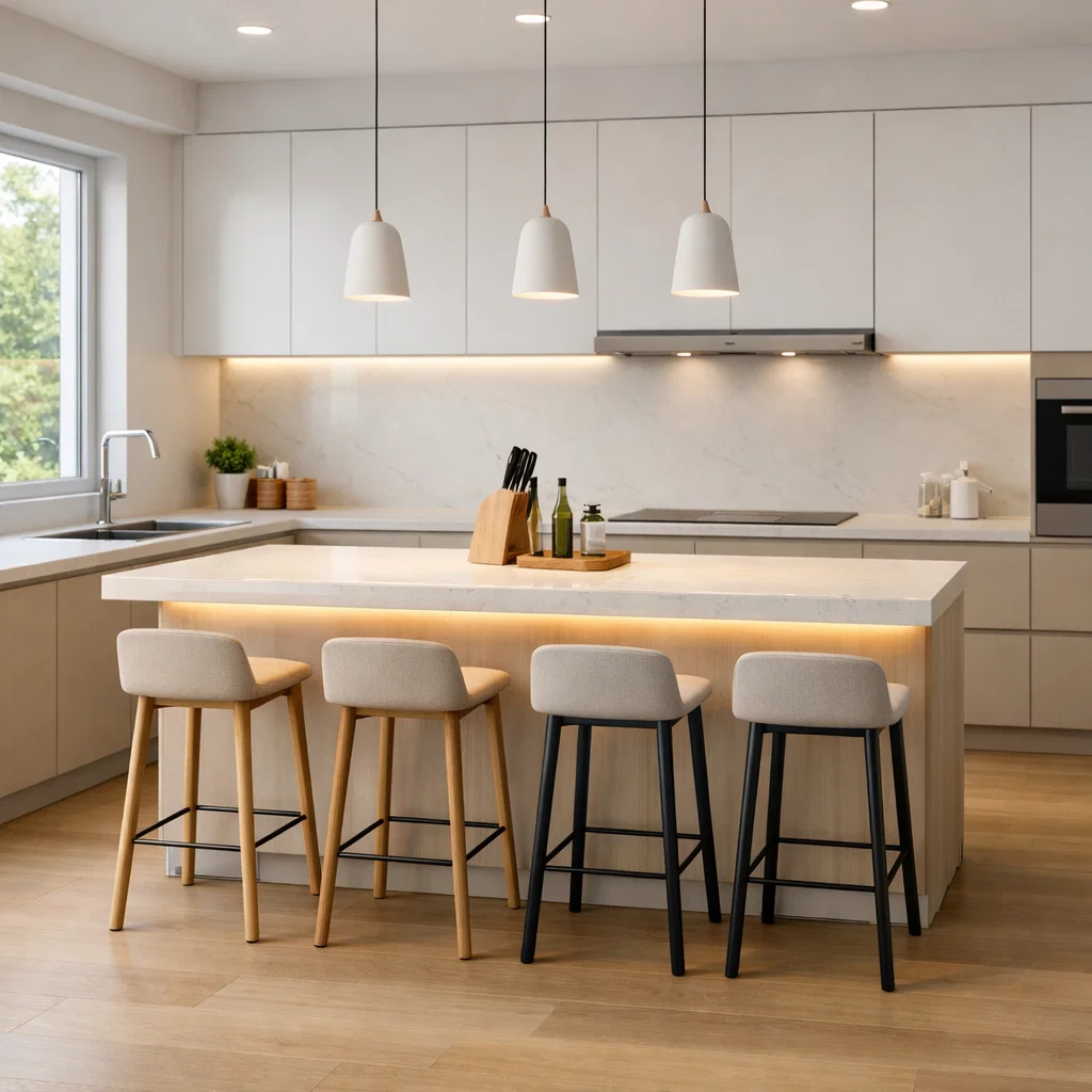 Mini bar ukuran 180 x 60 cm memberikan fleksibilitas lebih—bisa jadi area prep sekaligus tempat makan santai. Cocok untuk dapur yang cukup luas dengan sirkulasi yang tetap lega dan nyaman
