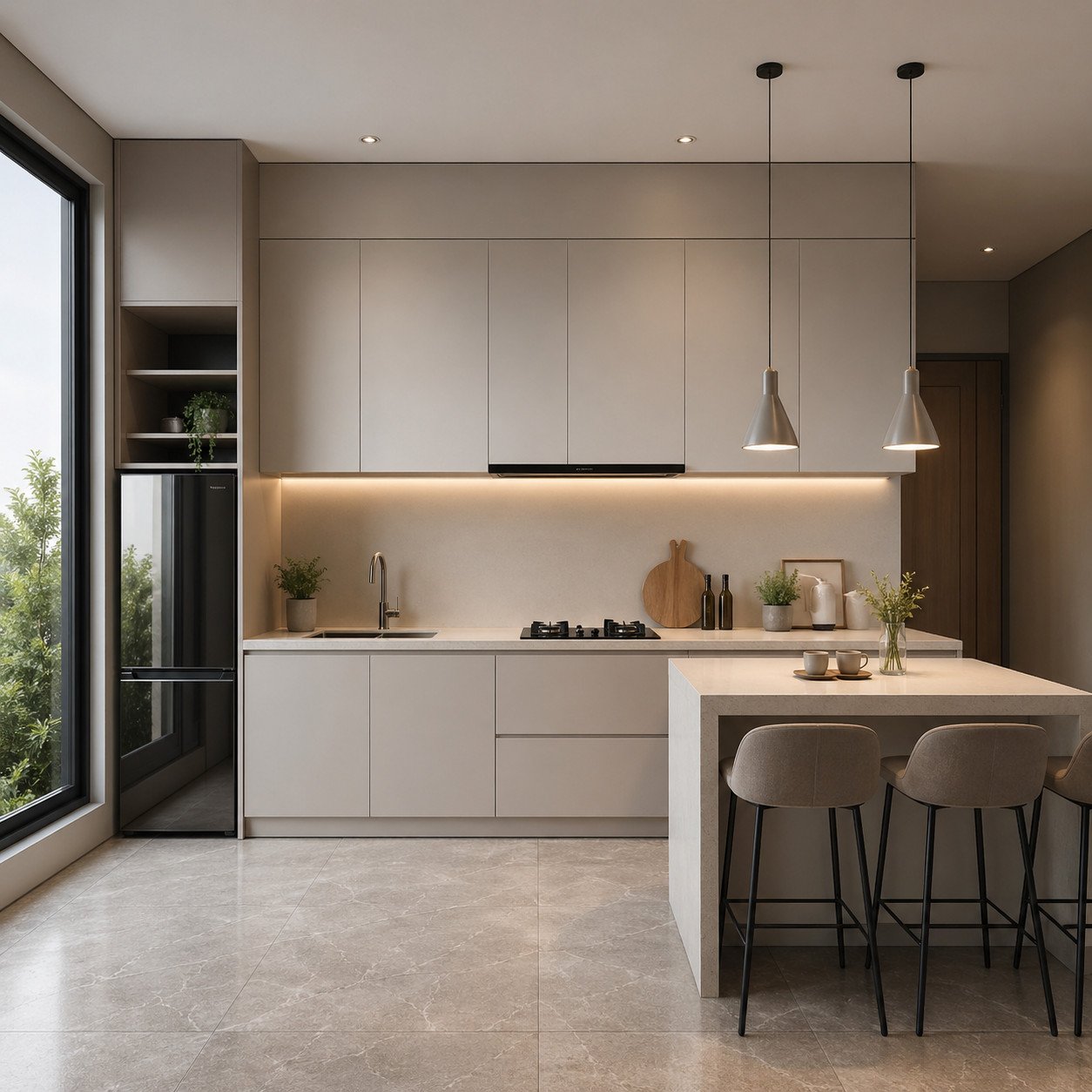 Mini bar yang menyatu dengan kitchen set menciptakan tampilan bersih dan hemat ruang—solusi ideal untuk dapur minimalis yang tetap fungsional dan modern