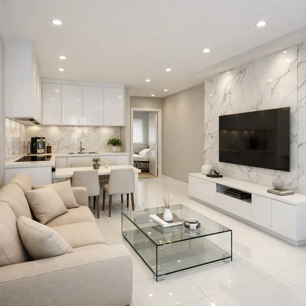 Minimalis putih 6x10 yang elegan—marmer jadi aksen utama, sementara ruang tetap terasa terang dan bersih