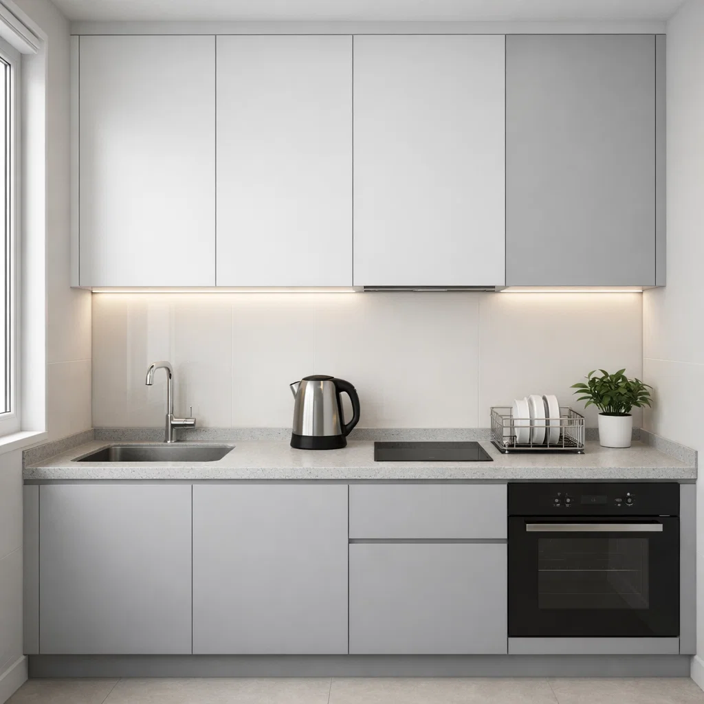 Model lemari gantung dapur minimalis aluminium dengan desain flat panel matte