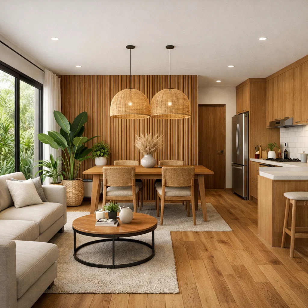 Natural tropis 6x10 yang adem—aksen kayu, lampu rotan, dan tanaman membuat rumah terasa hidup dan segar