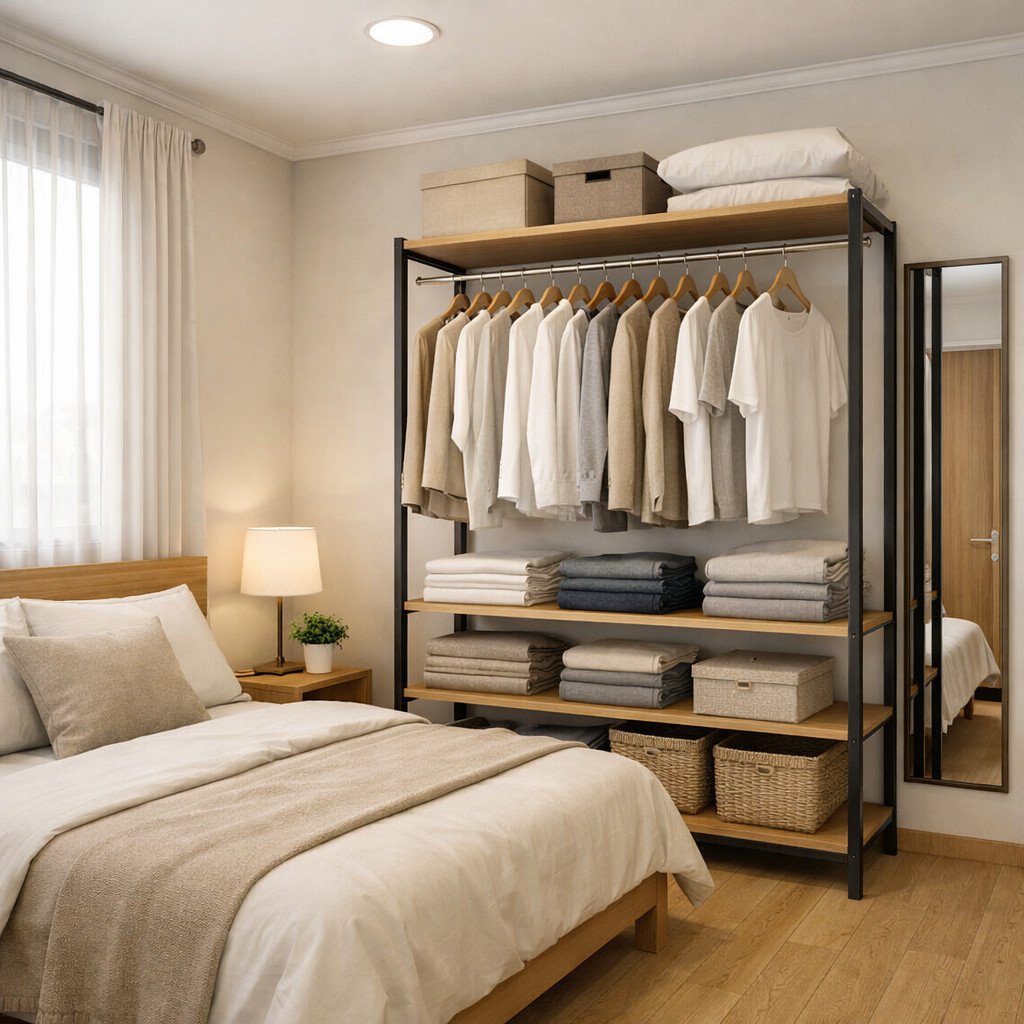 Open wardrobe minimalis yang membuat kamar sempit terasa lega
