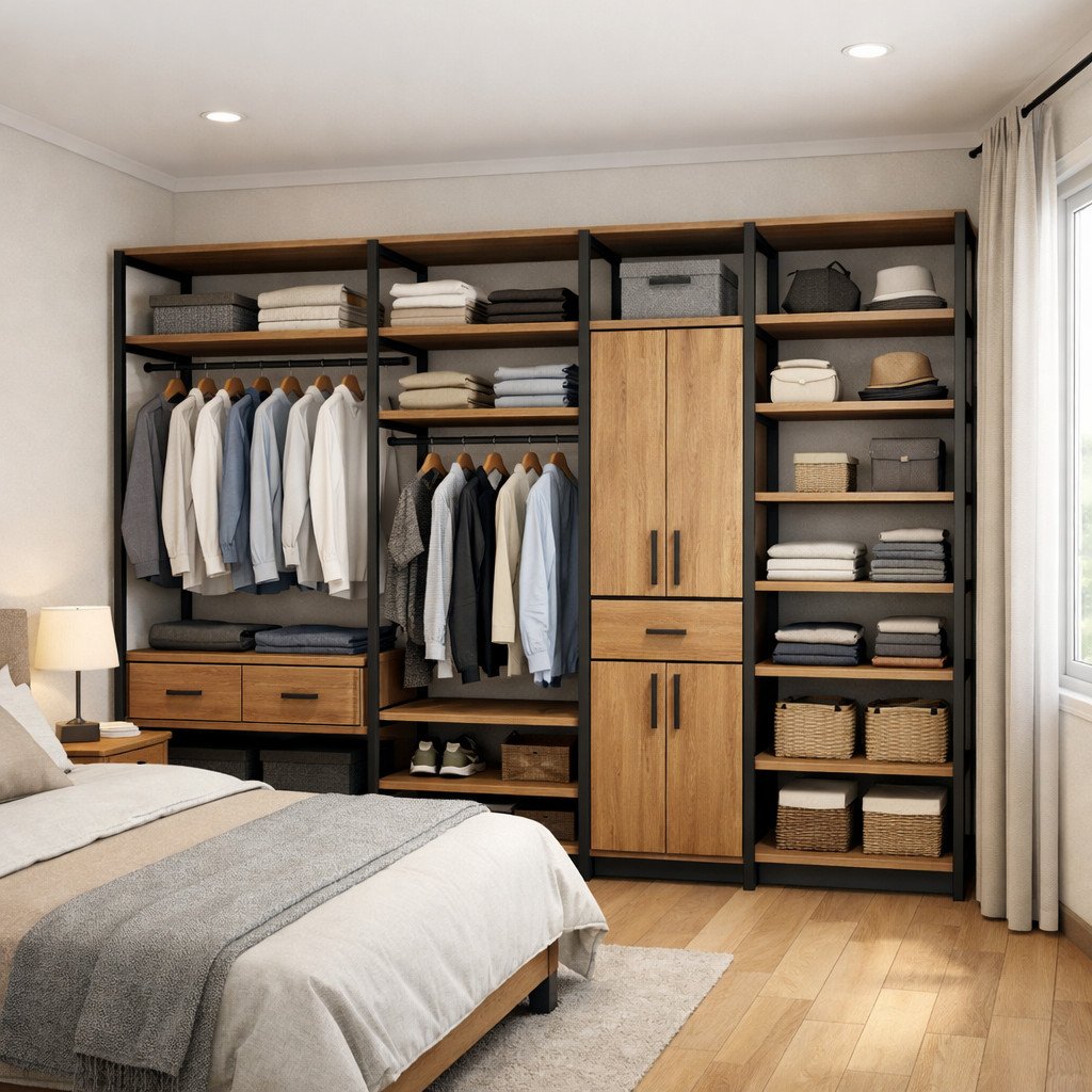 Open wardrobe modern yang ringan dan tetap terlihat rapi