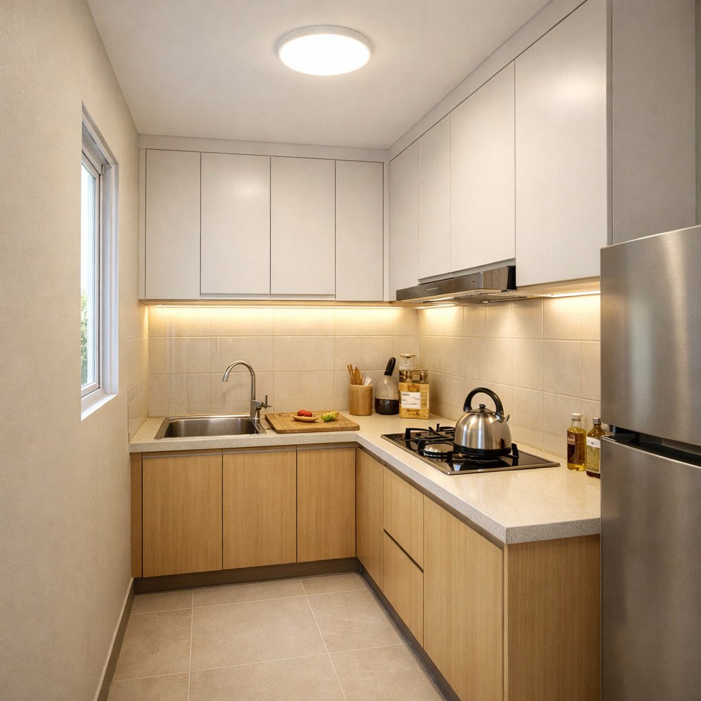 Pencahayaan tepat membuat dapur sempit terasa lebih terang dan nyaman