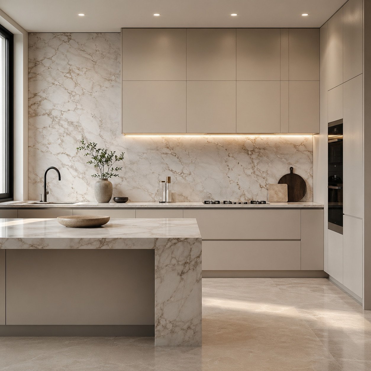 Perpaduan bidang polos dan tekstur marmer menghadirkan dapur minimalis modern mewah yang elegan, bersih, dan berkelas tanpa terlihat berlebihan