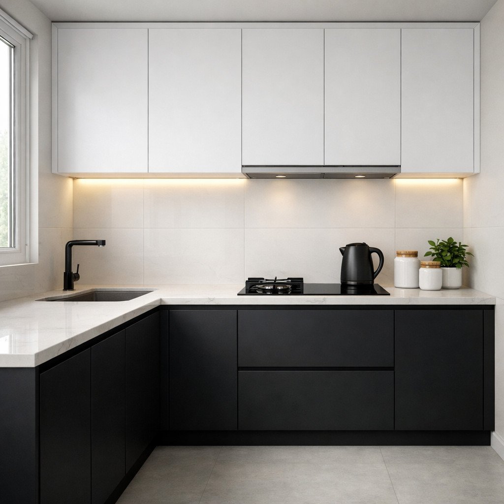 Perpaduan hitam dan putih pada dapur minimalis ini menciptakan tampilan yang tegas, modern, dan elegan—dengan komposisi yang seimbang agar tetap terasa ringan dan nyaman digunakan