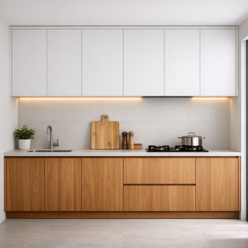 Perpaduan kabinet kayu dan putih menciptakan dapur minimalis yang modern sekaligus hangat—solusi praktis untuk ruang terbatas tanpa mengorbankan estetika alami