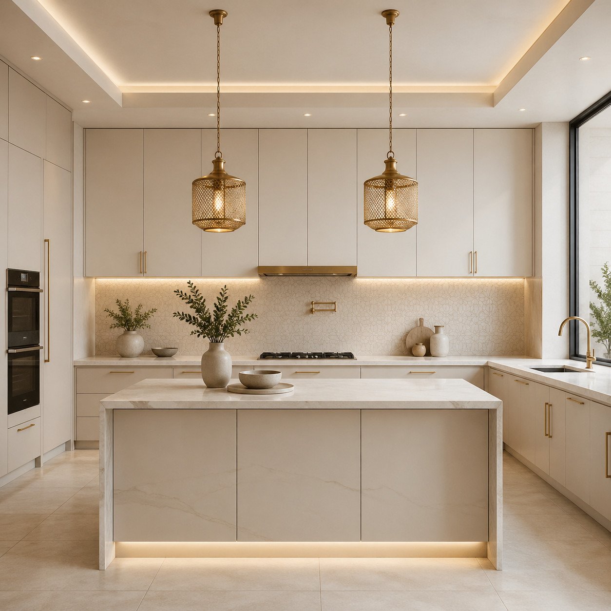 Perpaduan minimalis modern dengan sentuhan aksen Arab yang halus menciptakan dapur mewah yang elegan, hangat, dan berkelas tanpa terlihat berlebihan