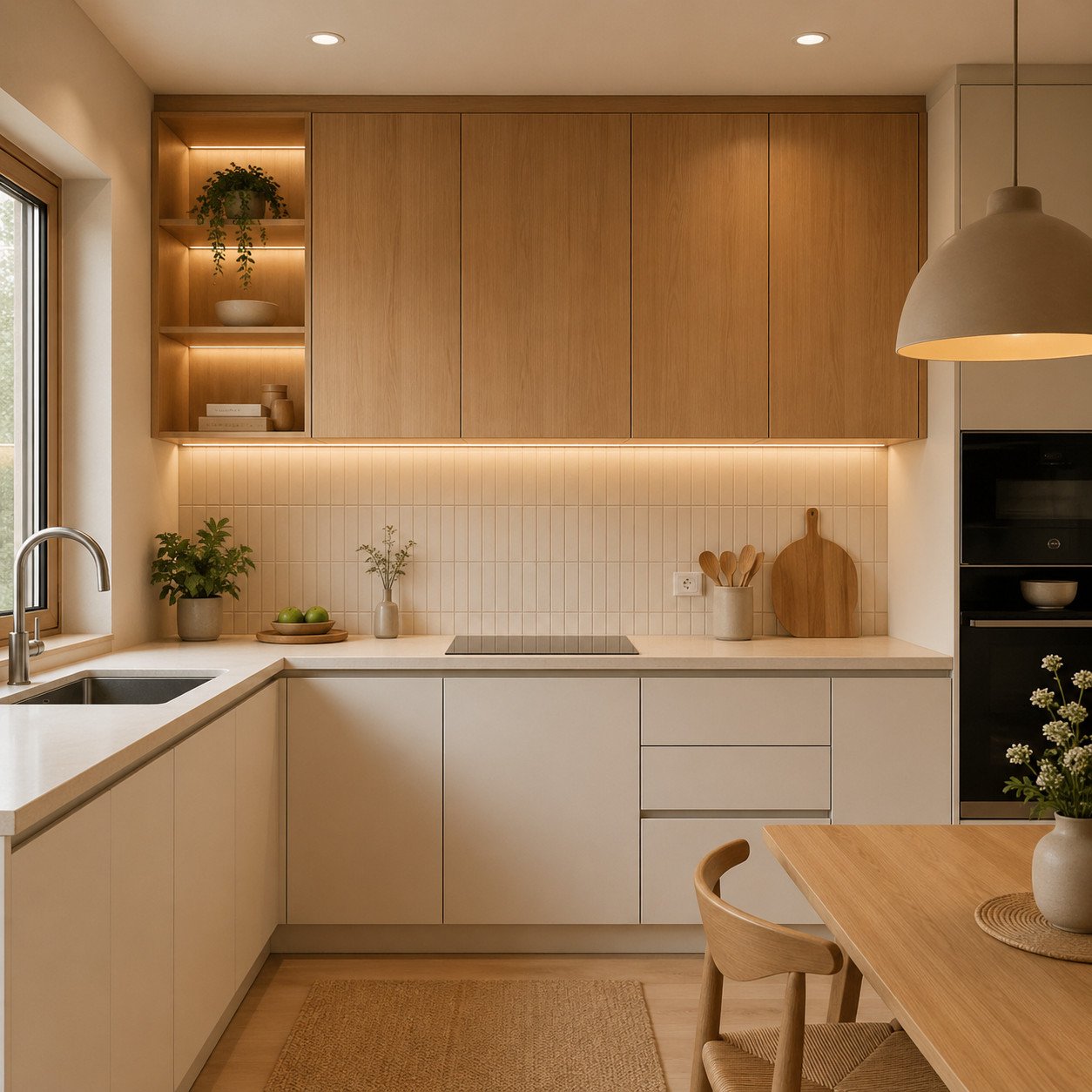 Perpaduan putih dan kayu terang pada dapur minimalis Scandinavian ini menciptakan suasana hangat, nyaman, dan tetap terasa luas—pilihan ideal untuk hunian kecil yang ingin tampil modern tanpa terasa dingin