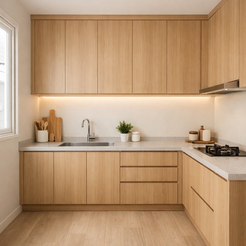 Perpaduan warna kayu natural dengan putih hangat menciptakan dapur minimalis yang terasa homey, nyaman, dan tetap modern—ideal untuk suasana keluarga yang hangat setiap hari