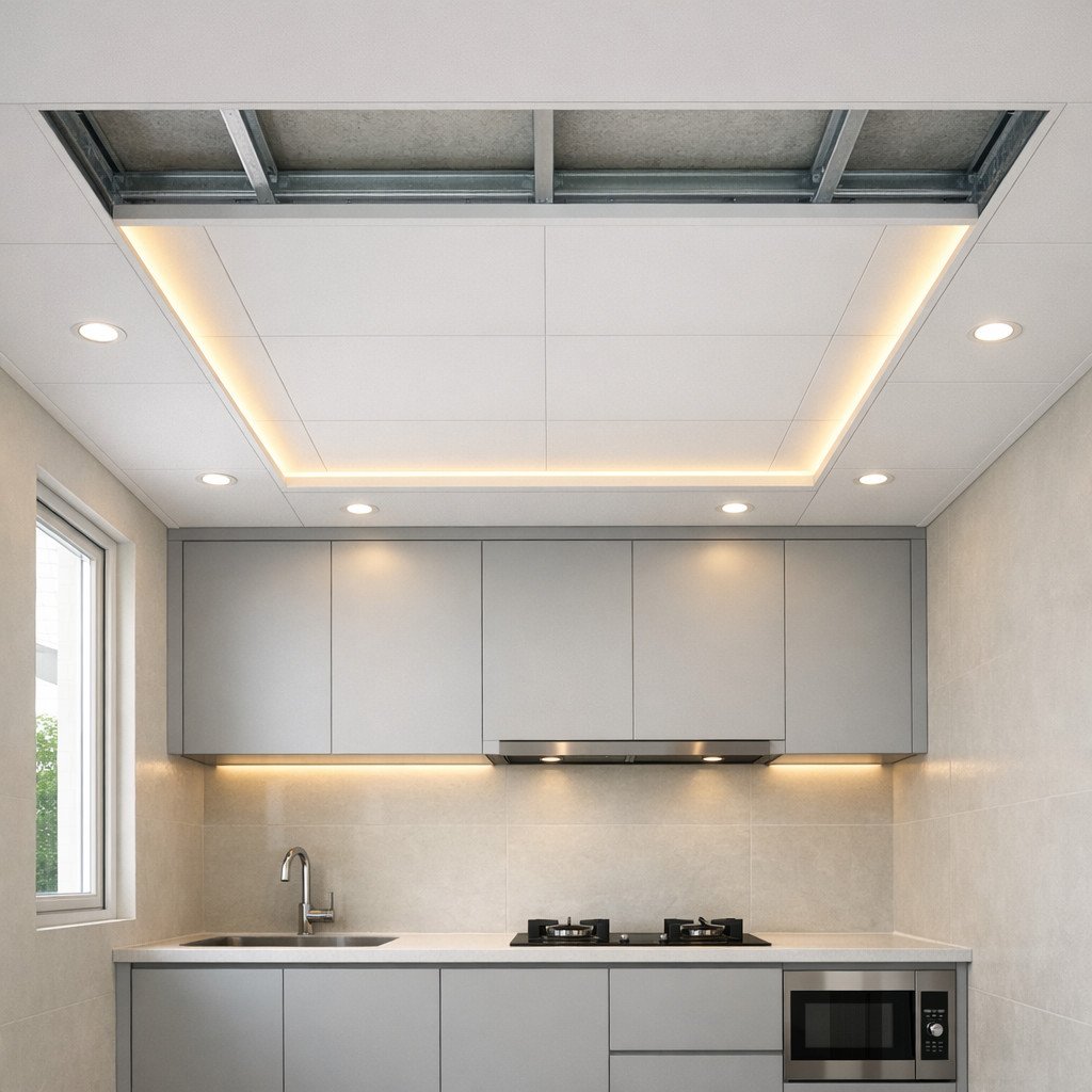 Plafon PVC dengan desain drop ceiling memberikan efek pencahayaan indirek yang elegan sekaligus menyembunyikan instalasi, membuat dapur minimalis terlihat lebih modern dan berkelas tanpa biaya tinggi