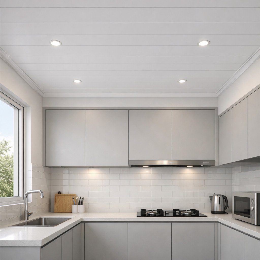 Plafon PVC putih polos menghadirkan tampilan bersih, terang, dan timeless—pilihan paling aman untuk dapur minimalis yang ingin terlihat rapi, luas, dan tidak mengganggu fokus utama interior