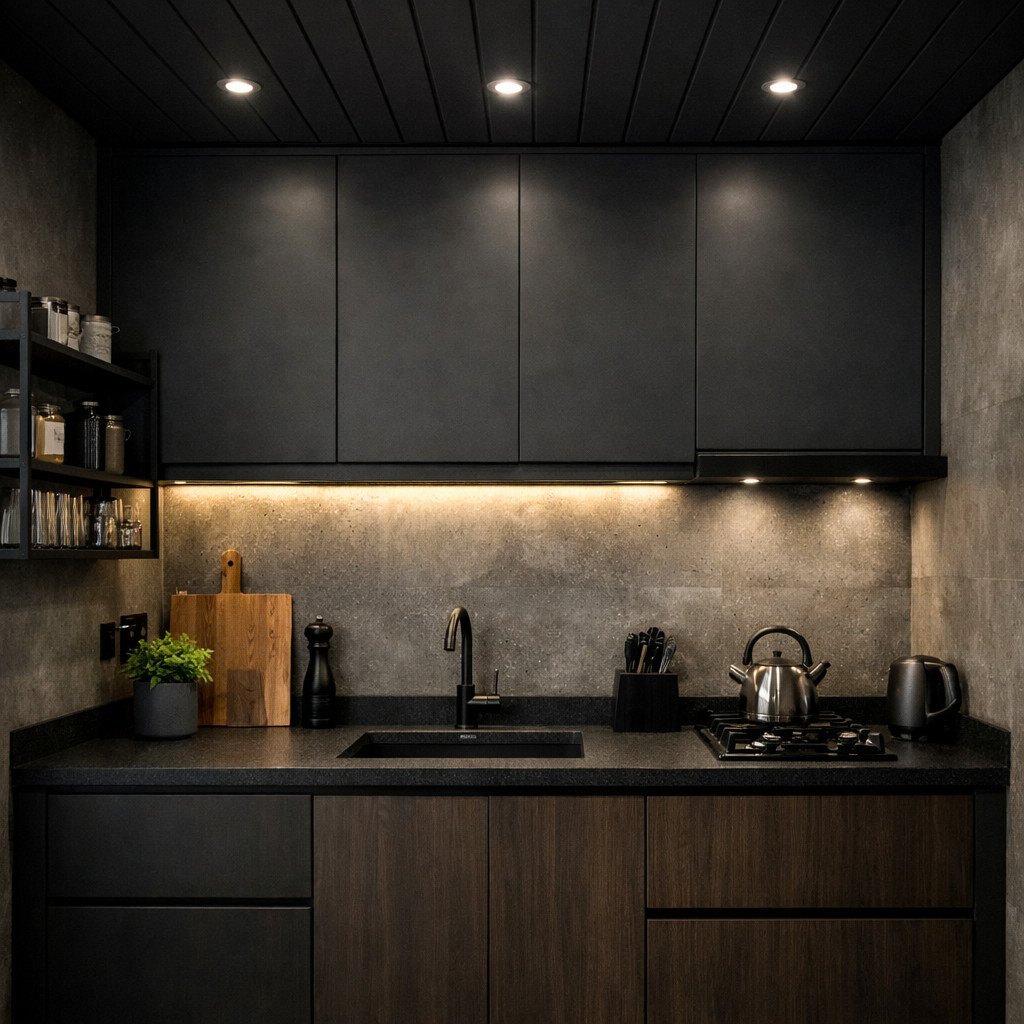 Plafon PVC warna gelap seperti abu atau hitam matte memberikan karakter kuat pada dapur minimalis, menciptakan suasana modern industrial yang elegan, intim, dan tidak mudah terlihat kotor