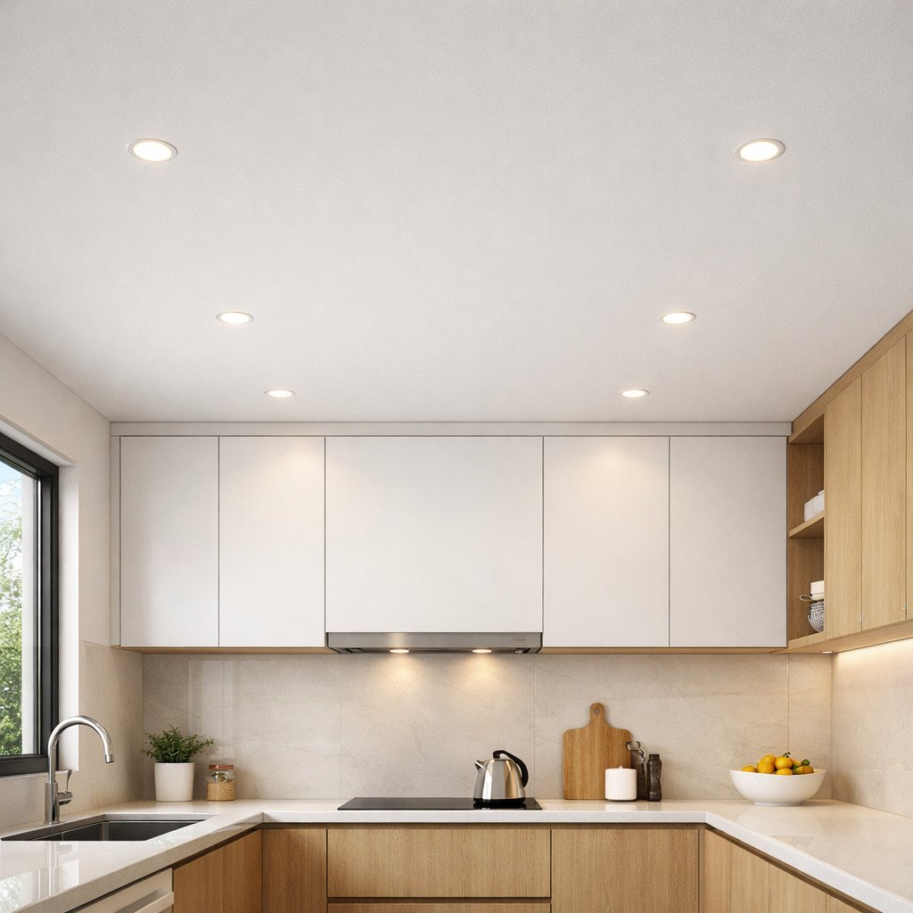 Plafon dapur datar dengan finishing putih ini menghadirkan tampilan minimalis yang bersih, terang, dan fungsional—pilihan tepat untuk dapur modern dengan budget efisien dan perawatan yang mudah