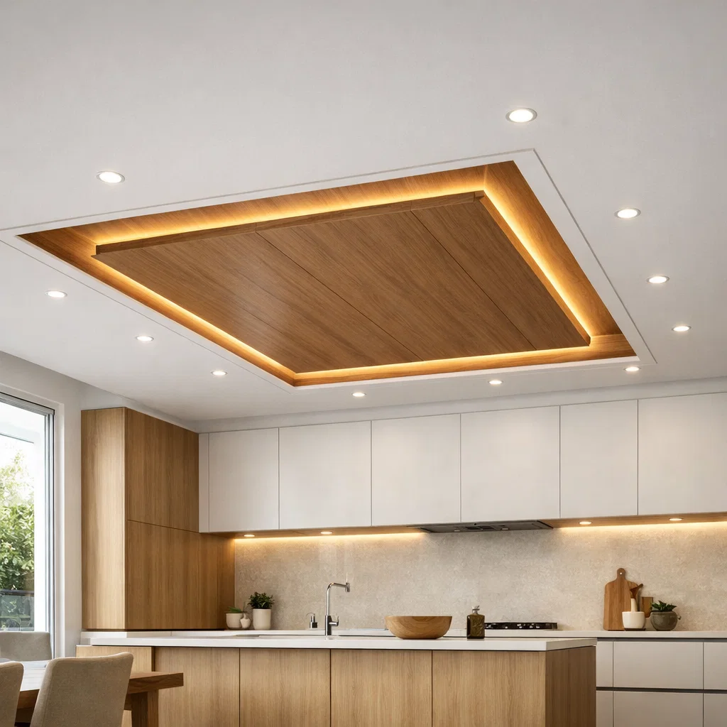 Plafon dapur dengan kombinasi gypsum dan panel aksen ini menciptakan focal point yang elegan tanpa terasa berlebihan—memberikan karakter kuat sekaligus tetap menjaga kesan minimalis dan modern